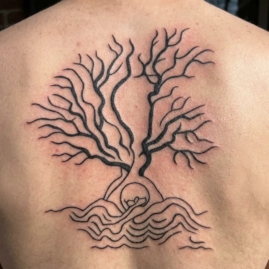 A minimalist tattoo of a walnut tree with the sun shining through its branches and a man resting at its feet tattoo design idea