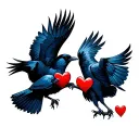 2 crows flying  holding hearts tattoo design idea