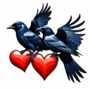 2 crows flying  holding hearts tattoo design idea