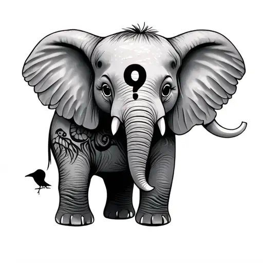"Whimsical black-and-white tattoo illustration: a cute elephant with a tiny semicolon hidden on its back, wearing a crow tattoo design idea