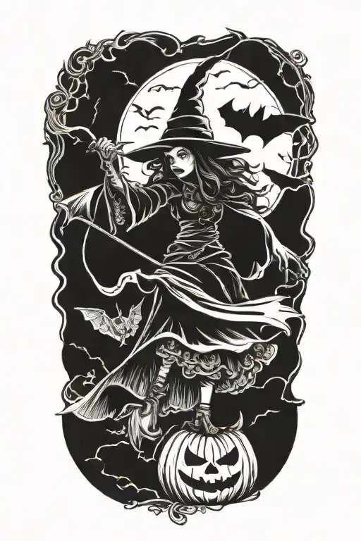 halloween witch and bat tattoo design idea