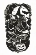 halloween witch and bat tattoo design idea