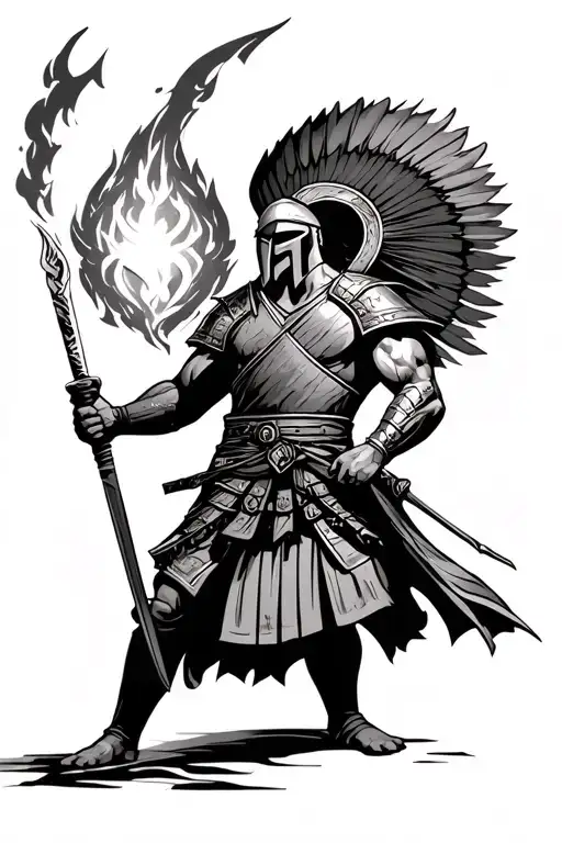A Spartan or Samurai warrior holding a symbolic charge tattoo design idea