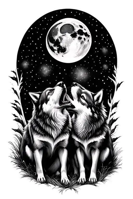 two wolves howling moon tattoo design idea