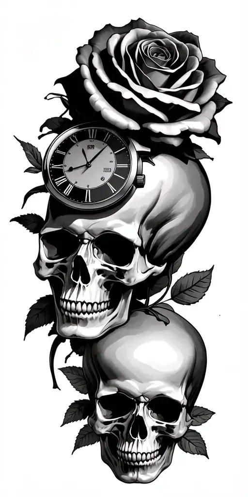 3 skulls a rose and a watch  tattoo design idea