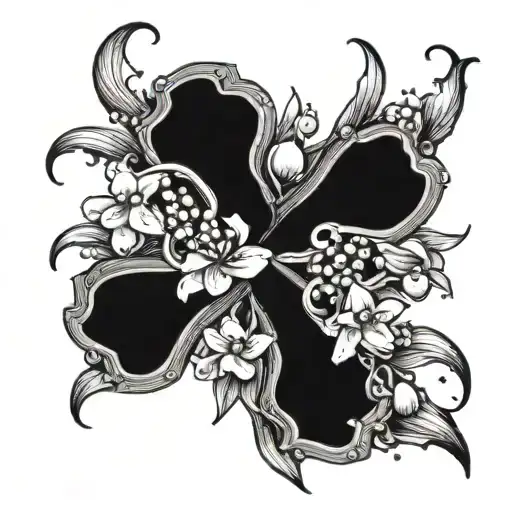 A cross wrapped in lilly of the valley flower with a garnet in the middle tattoo design idea