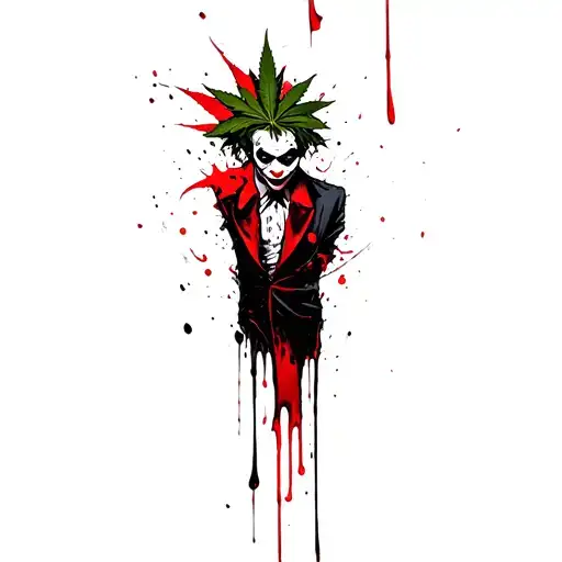 composition,joker,marijuana leaves in the background,dripping blood tattoo design idea