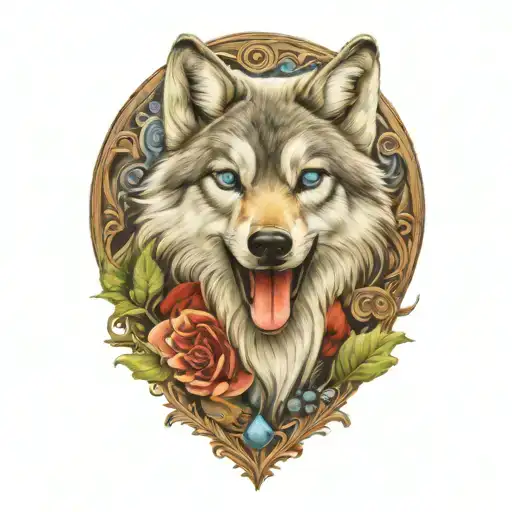 happy tongue gray wolf puppy with blue eyes surrounded tattoo design idea