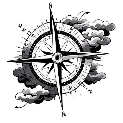 black and white compass with clouds surrounding that can transition into another tattoo tattoo design idea
