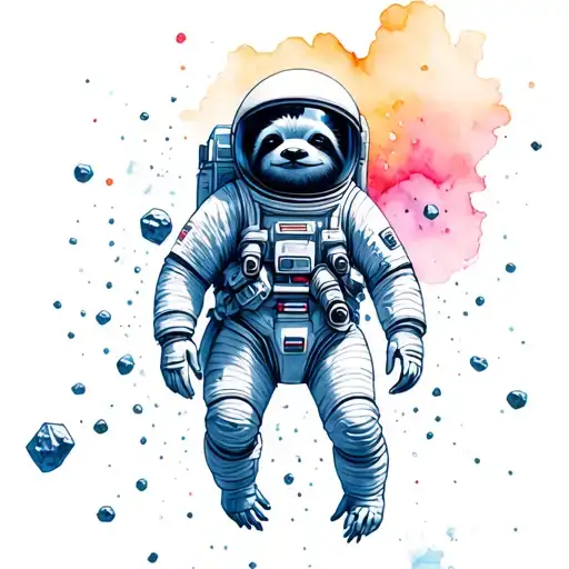 A space sloth astronaut floating through and asteroid belt  tattoo design idea