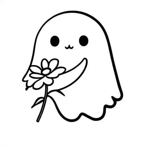cute cartoon ghost holding flower tattoo design idea
