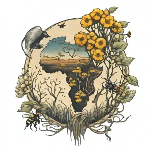 Africa continent "child of the land" Willow tree and bees tattoo design idea