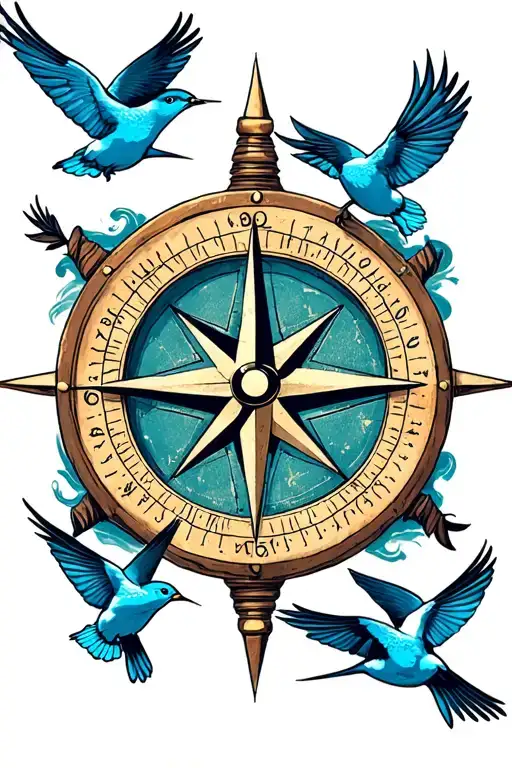 nautical compass rose centered with 3 small swallows on both sides  tattoo design idea