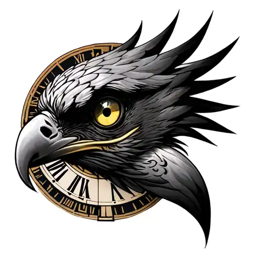 Side eagle face with dark yellow eye with a clock with Roman numbers in the background tattoo design idea