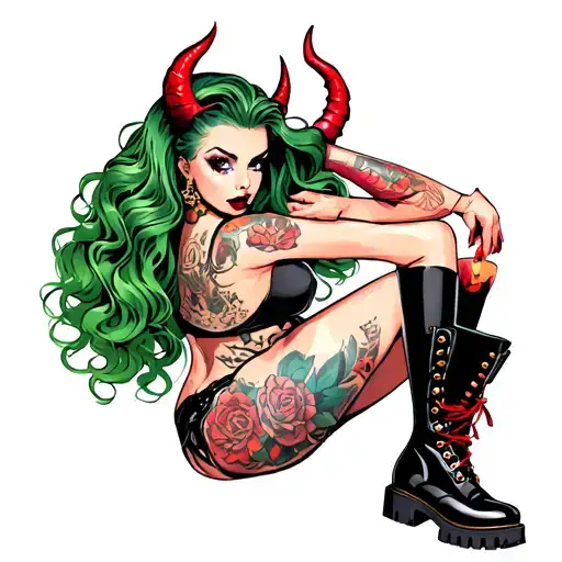 pinup girl devil long wavy green hair curvy body shape wearing combat boots tattoo design idea