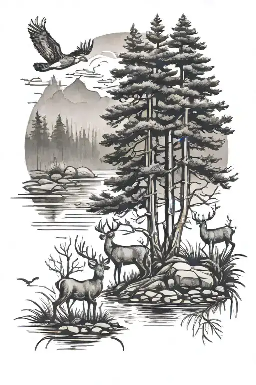 pine trees and deer with a river and ducks flying away tattoo design idea