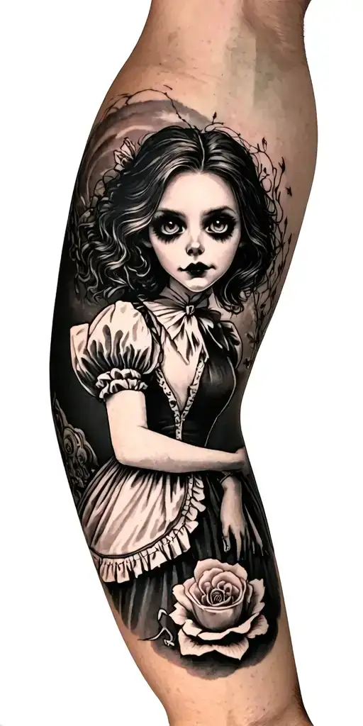 Tim Burton inspired tattoo sleeve alice in wonderland tattoo design idea