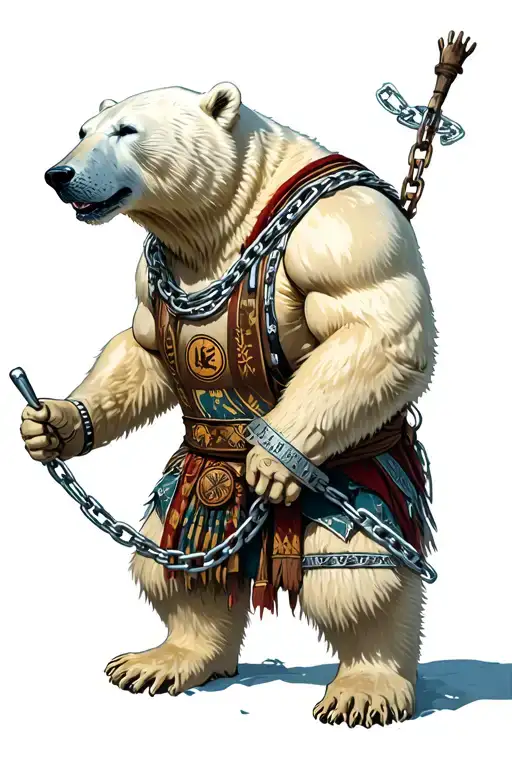 polar bear wearing chains attacked by eskimos warrior with symbols tattoo design idea