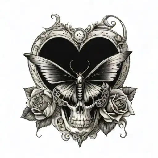 butterfly skull spider w rose on top Roman numeral heart clock tattoo design idea