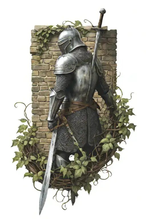 knight dead against a medieval cobblestone wall with creeping vines growing over him and his abandoned sword  tattoo design idea