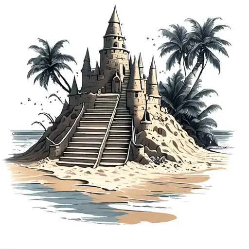 sand castle in progress with stairs leading to it and waves around it  tattoo design idea