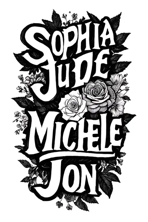 "Sophia Jude Michele Jon " names incorporated tattoo design idea
