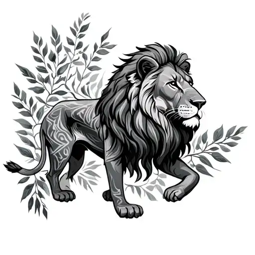 In the thigh Verse Colossians 1:16 down the hand of God and Adam, in the knee leaf of branches, descent a lion tattoo design idea