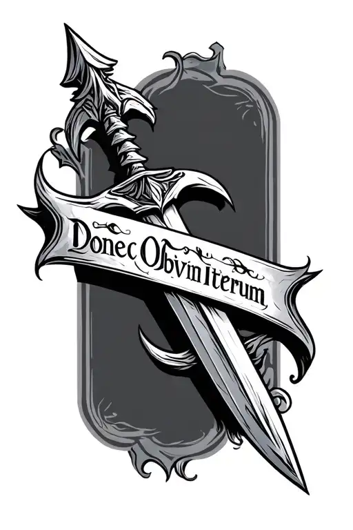 Spear with the words "Donec Obviam Iterum" in the shaft tattoo design idea