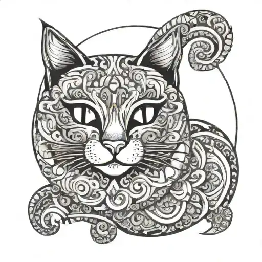 moon cat curled mandala tattoo design idea