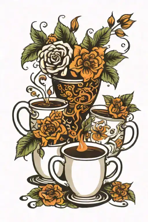 two coffees cheering with flowers behind the mugs tattoo design idea
