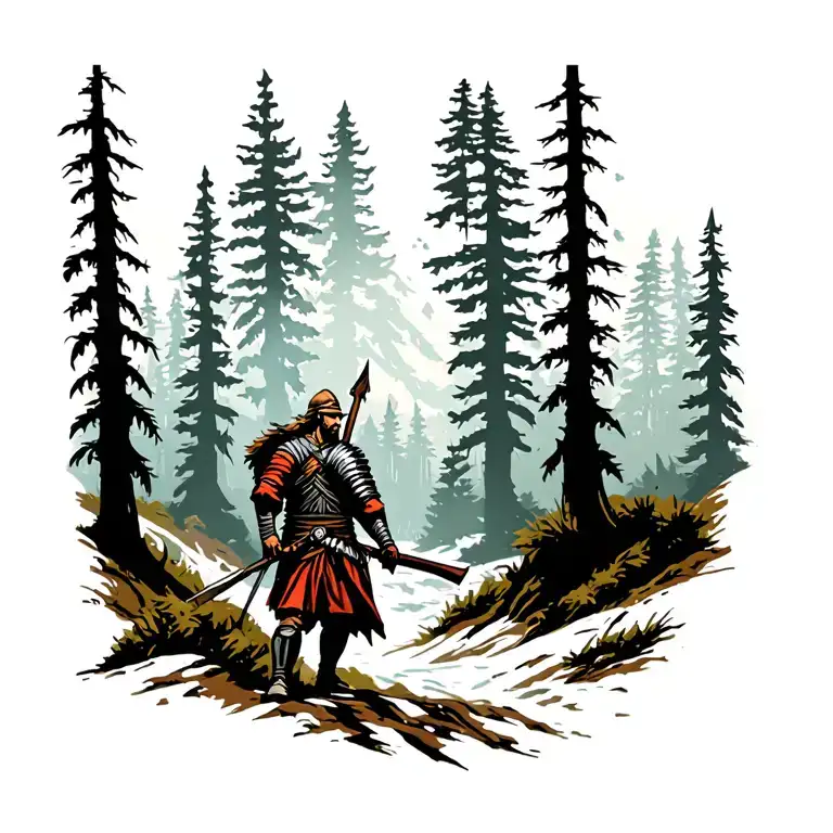 Germanic Warrior silhouette hiking tattoo design idea