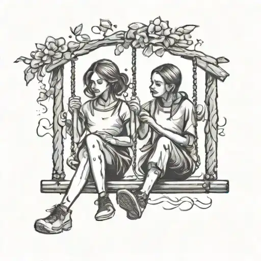 2 girls sitting on a swing, stick figure tattoo design idea