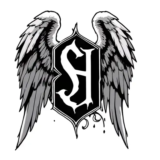 the letter S, and the letter H in high gothic text surrounded by a pair of wounded angel wings tattoo design idea