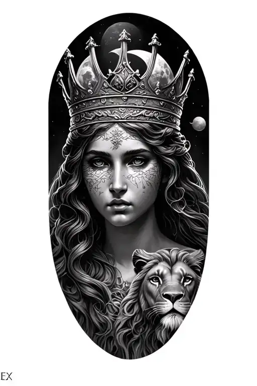 black & grey realism greek goddess wearing crown with small veil over eyes, with a lion and the moon tattoo design idea
