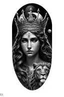 black & grey realism greek goddess wearing crown with small veil over eyes, with a lion and the moon tattoo design idea