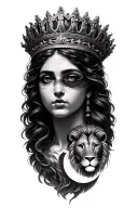 black & grey realism greek goddess wearing crown with small veil over eyes, with a lion and the moon tattoo design idea