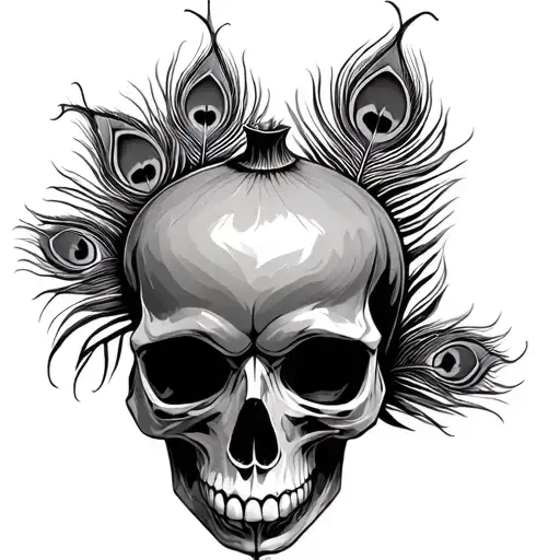 skull pomegranate with peacock feather tattoo design idea