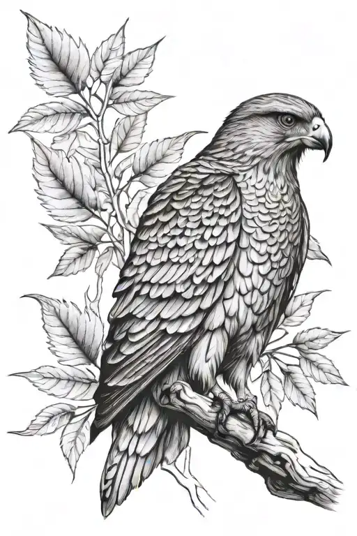 goshawk with leaves behind it from top left side tattoo design idea
