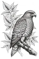 goshawk with leaves behind it from top left side tattoo design idea