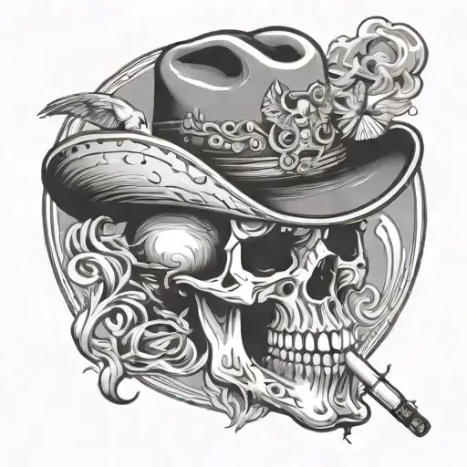 smoking cowboy skull with butterfly smoke rising tattoo design idea