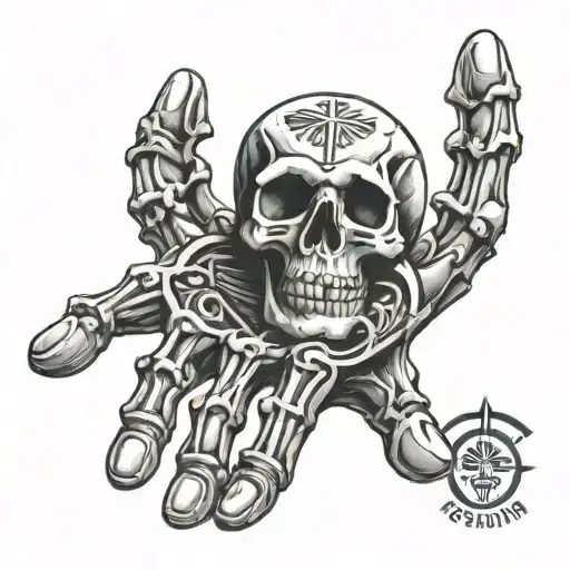 Skeleton hand with egyptian symbols inbetween the knuckles of all fingers tattoo design idea