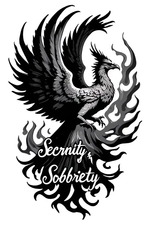 Phoenix rising from fire with words serenity and sobriety  tattoo design idea