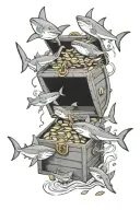 treasure chest with coins surrounded by sharks tattoo design idea