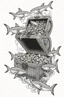 treasure chest with coins surrounded by sharks tattoo design idea