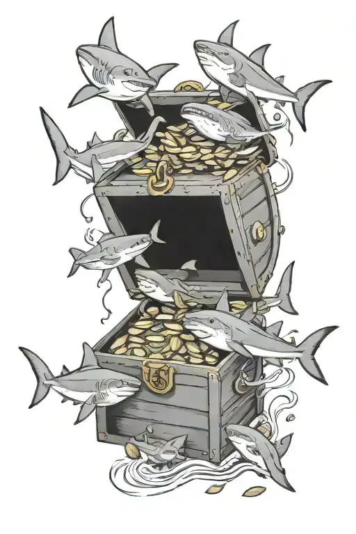 treasure chest with coins surrounded by sharks tattoo design idea