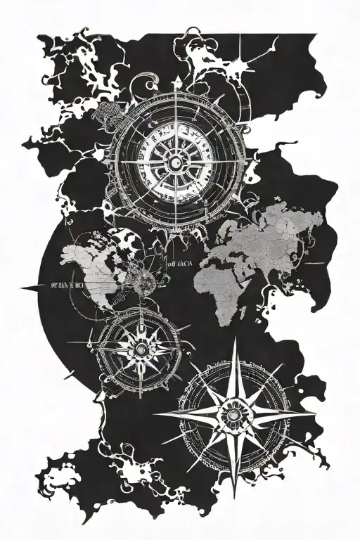 world map and compass rose with intricate tattoo design idea