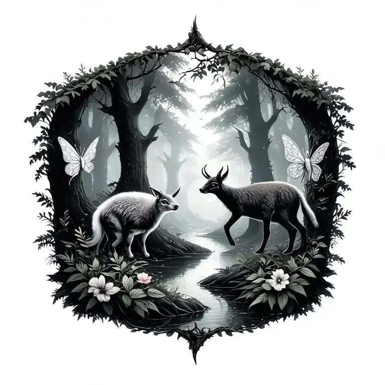 woodland forest with animals and fairies different colors tattoo design idea