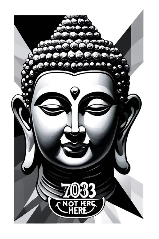 geometric design incorporating buddha face, 703 and words not here long tattoo design idea