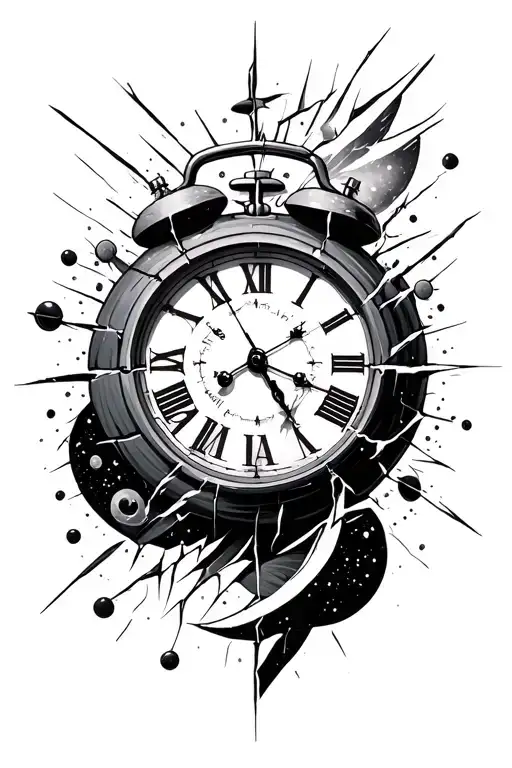 broken analog clock and space tattoo design idea