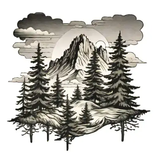 mountains and evergreen tree tattoo design idea